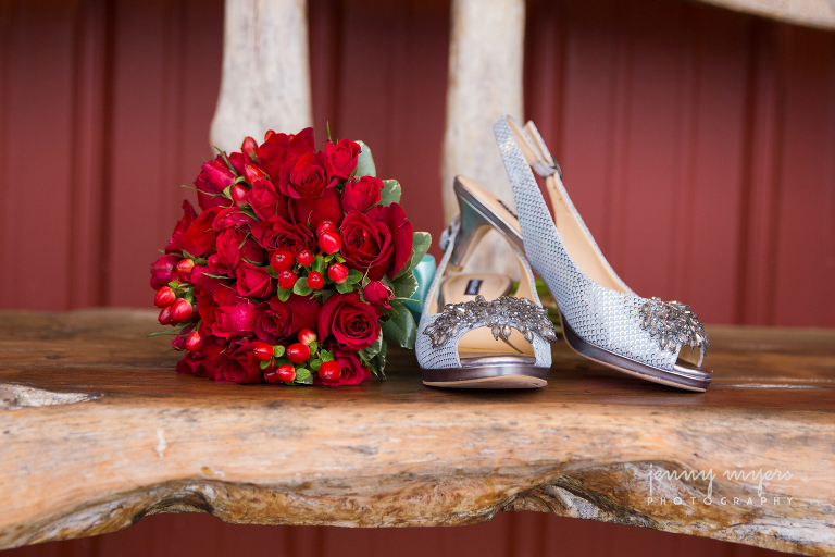 wedding shoes and bouquet