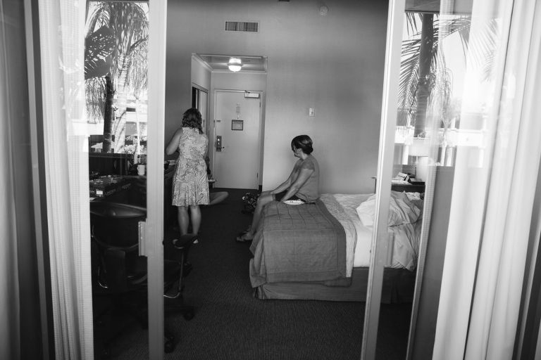 Bride getting ready in hotel room