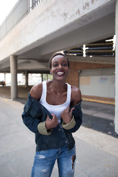 photo of laughing model