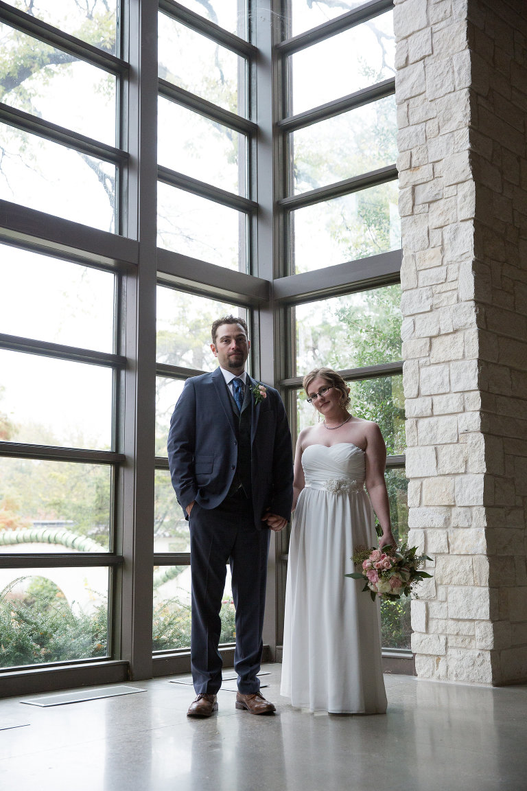 bride and groom at botanica in Wichita